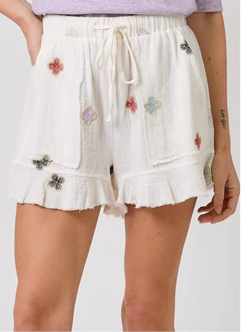 Mystree Cream Embroidered Ruffle Hem Shorts